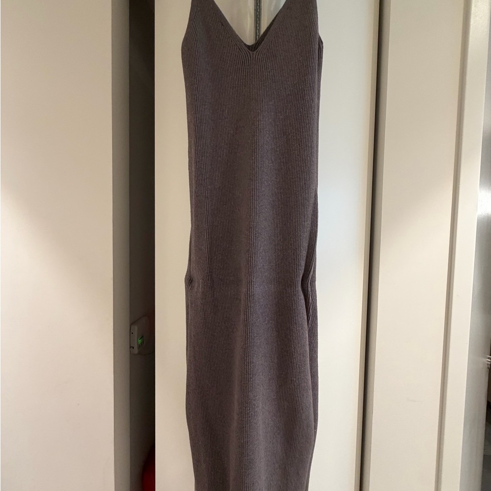 Zara Ribbed V-Neck Sleeveless Midi Dress in Taupe